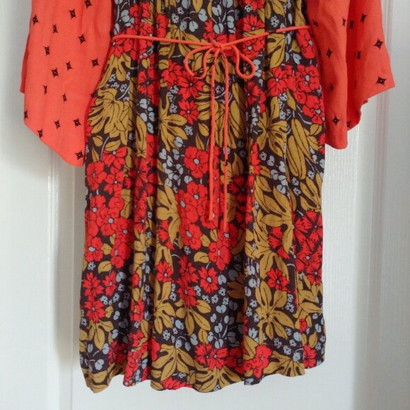 Free People Tallula Poppy Orange Floral Bell Sleeve Deep Pockets Mini Dress M - Picture 10 of 15